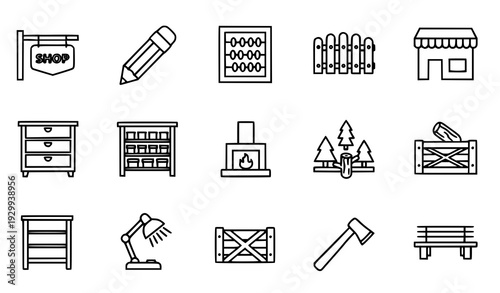 Thin Line Household and Retail Vector Icon Set with Shop Signboard Pencil Abacus Fireplace Trees and Furniture Elements