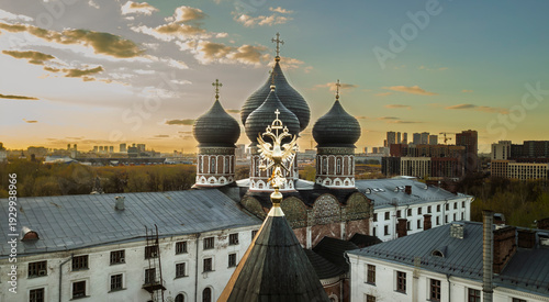 Sunset View of the Izmailovo Cathedral with Golden Eagle Crest in Moscow