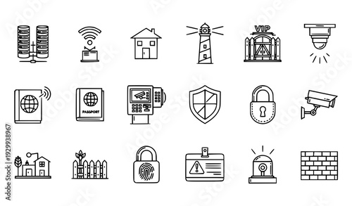 Monoline Cyber and Physical Security Vector Icon Set with Server Firewall Surveillance Camera and Access Control Symbols