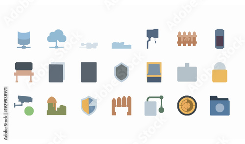 Modern Flat Security Technology Vector Icons with Server ATM Passport Surveillance Camera and Smart Home Symbols