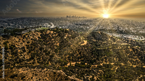 Sunset Over Griffith Observatory and Los Angeles Skyline Aerial View