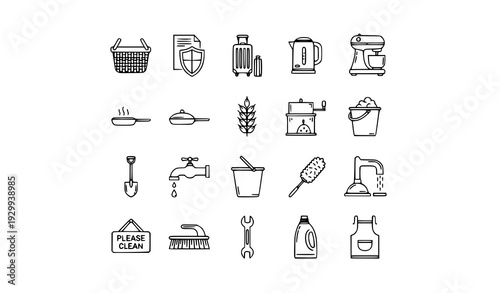 Monoline Home Maintenance and Cleaning Vector Icons with Faucet Plunger Mixer Suitcase and Insurance Symbols