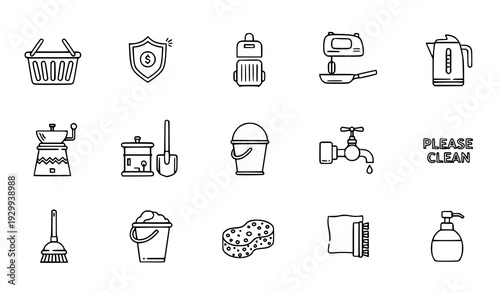 Minimal Household Cleaning and Kitchen Line Art Vector Icon Set with Basket Faucet Plunger and Suitcase