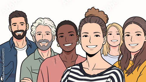 Six friends stand close together and smile at the camera with friendly expressions in a bright environment.