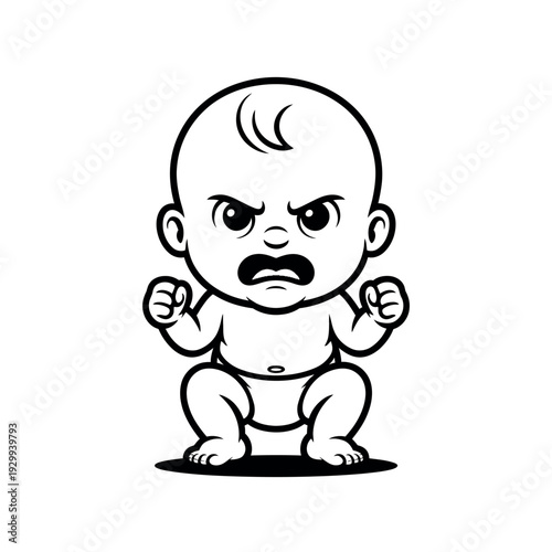 A cartoon baby with an angry expression and fists clenched in a threatening stance.