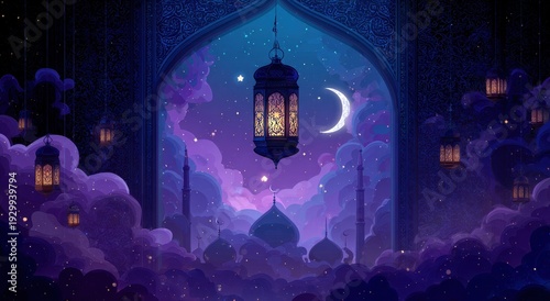 Enchanting Ramadan Night - Illuminated Lantern, Crescent Moon, and Mosque Silhouettes in Dreamy Purple Hues.