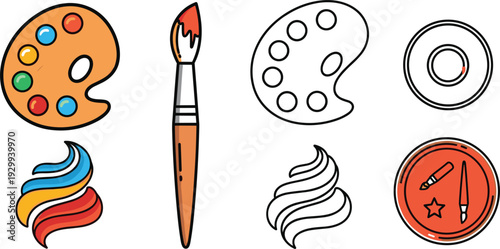 Artist Paint Palette and Creative Art Tools Vector Illustration Set with Wooden Palette Paint Brush Colorful Swirls and Fine Art Badge Icons