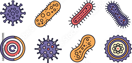 Bacteria and Virus Microorganism Vector Illustration Set with Various Germs Pathogens Cell Structures and Medical Science Badge Icons
