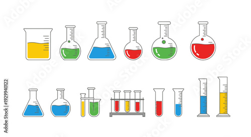 Laboratory equipment with colorful liquids in various containers and flasks.