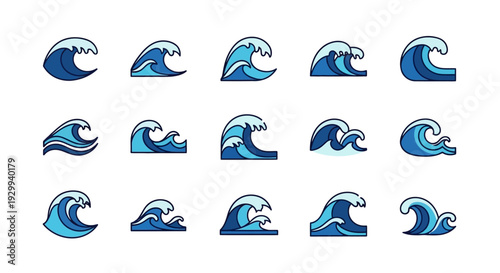 Collection of stylized wave icons in various blue shades.