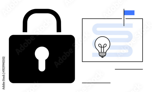 Cybersecurity concept. Cybersecurity with a lock icon emphasizing data security. Intellectual property through a light bulb icon. For tech, data privacy, education, startups, and innovation