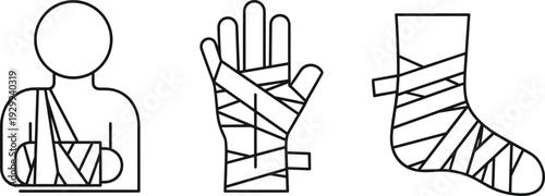 Medical bandage illustration, arm sling injury icon, hand wrapped bandage vector, foot ankle support design, first aid healthcare symbol