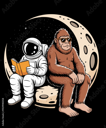 Bigfoot and Astronaut Reading Moon UFO Space Funny