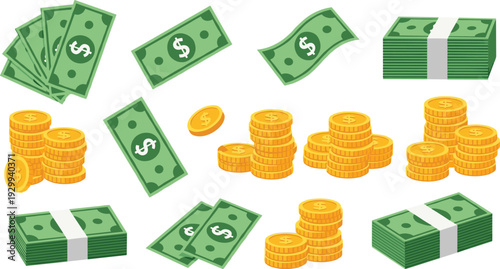 Money illustration, dollar bills, cash bundles, gold coins, financial wealth, savings concept, banking design, investment art, currency economy, profit growth