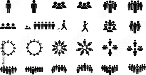 People icons, group silhouettes, community figures, teamwork design, crowd formation art, demographic symbols, social interaction graphics, organizational structure illustration