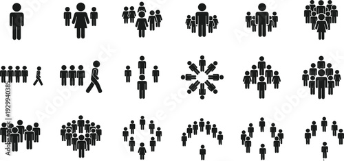 People icons, group silhouettes, crowd figures, teamwork design, community illustration, social interaction art, organizational structure symbols, demographic graphics set