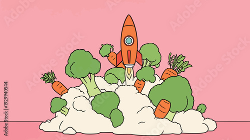 A rocket is taking off surrounded by various vegetables like broccoli and carrots against a pink background.