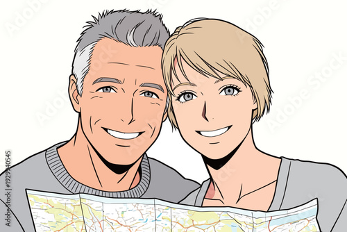 A couple stands close together, smiling as they hold a map. They are likely exploring a new area filled with excitement and curiosity.