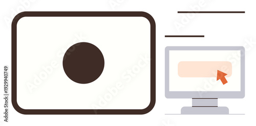 Web design, interface development, usability testing, software interaction, digital tools, user experience. Rectangular button, computer screen clicking cursor. Web design and interface development