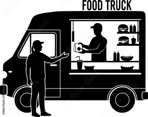 Food truck serving customers from a window with food and drinks displayed