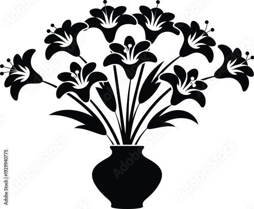 Black floral bouquet silhouette vector illustration, decorative flowers in vase design, elegant botanical arrangement isolated on white background for home decor