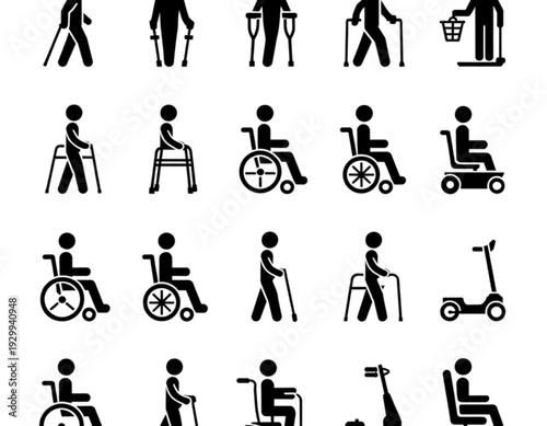 Diverse icons representing various types of human mobility and accessibility aids