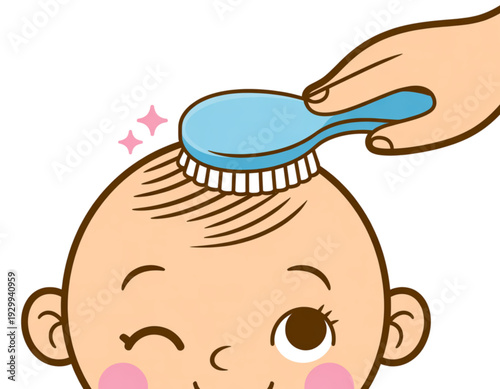 A baby receiving a gentle hairbrush from a caring hand with a pink bow on the brush.