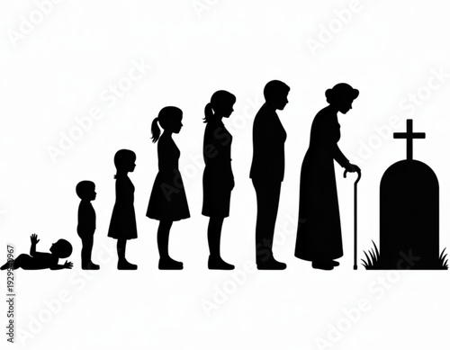 Evolution of human life depicted through symbolic figures from birth to death