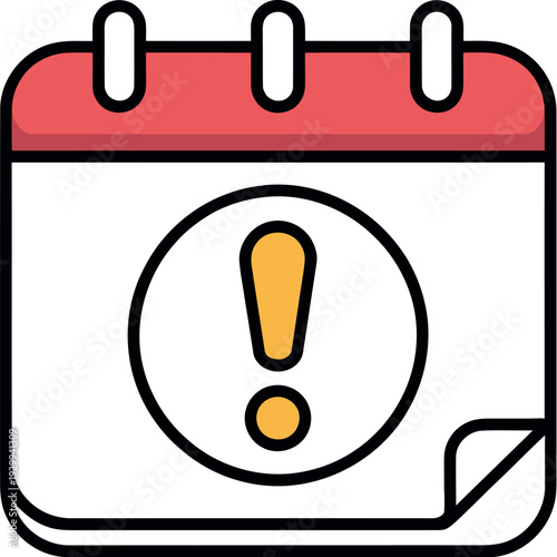 A cartoon calendar icon with a red top and a yellow exclamation mark on a white background.