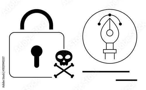 Cybersecurity, copyright protection, design tools misuse, intellectual property theft, safety protocols, hacking risks. A padlock, skull with crossbones and a graphic design tool. Cybersecurity