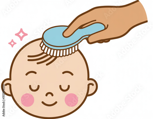 A gentle hand brushing the hair of a calm baby during a bath time routine.