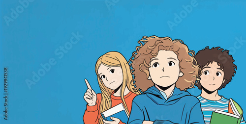 Three children stand close together with books in their hands in front of a blue background during a school event in the afternoon.