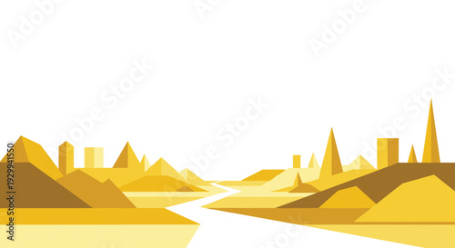 A vibrant flat design illustration depicts a geometric desert landscape with angular dunes, pyramid-like structures, and a winding river in yellow and brown tones.