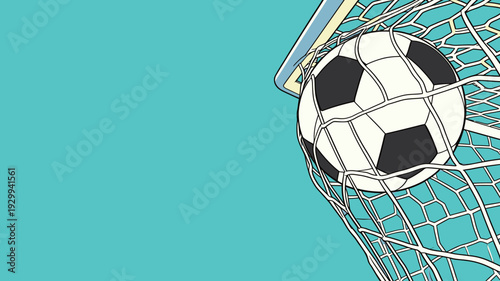 A soccer ball strikes the net as players compete in a game. The goal stands tall against a blue background.