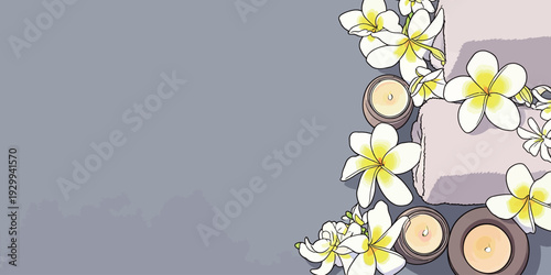 Candles and yellow flowers are arranged with spa stones on a gray background. This setting is meant for relaxation and wellness.