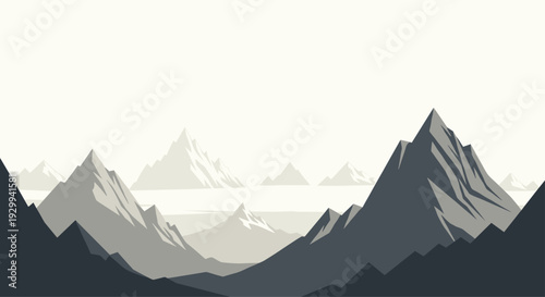 A minimalist flat design illustration showcases a panoramic mountain landscape with numerous peaks in varying shades of grey and white.