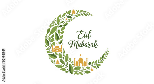 A decorative crescent moon shape, composed of green leaves and small golden mosques, frames the Eid Mubarak text on a clean white background.