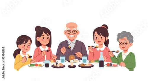 A multi-generational family of five, including grandparents, adult women, and a child, sits around a table, eating a meal with a lit candle.