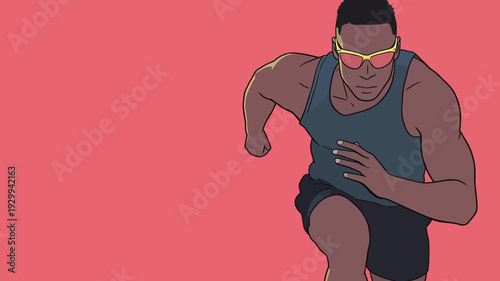 An athlete runs fast with sunglasses on a bright background while training outdoors. The scene shows focus and energy during activity.