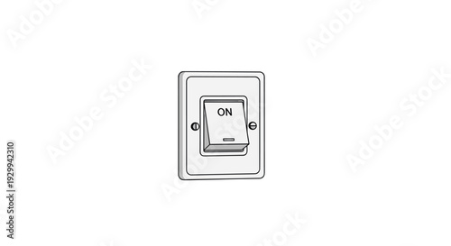 A rectangular white light switch plate with a grey toggle switch in the ON position is centered against a clean white background.