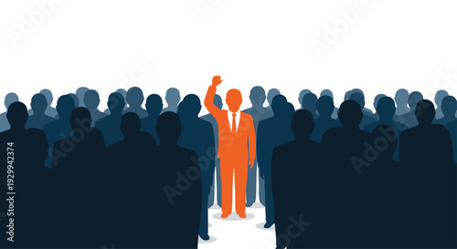 An orange silhouette figure, raising one hand, stands out in a crowd of identical dark blue figures on a white background.