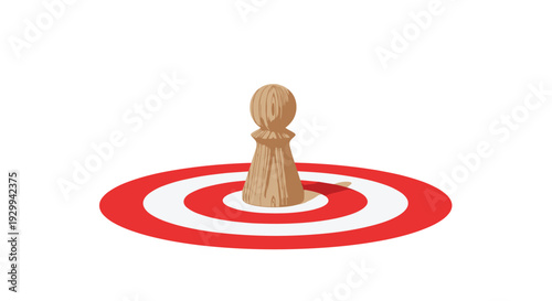 A single light brown wooden chess pawn stands precisely at the center of a red and white bullseye target on a clean white background.