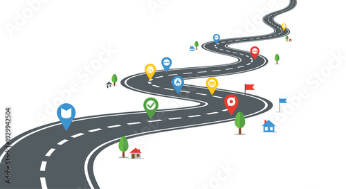 A winding grey asphalt road with white dashed lines is depicted with numerous colorful map pin icons and small houses on a white background.