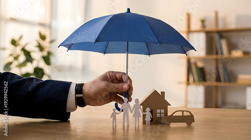 Hand holding blue umbrella over paper house for home insurance