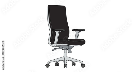 A modern black office chair with a high back and adjustable armrests is angled against a plain white background.