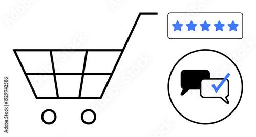 Minimalist shopping cart, five-star rating, and feedback symbol with checkmark representing e-commerce, online reviews, quality assurance, customer satisfaction, consumer feedback, and shopping