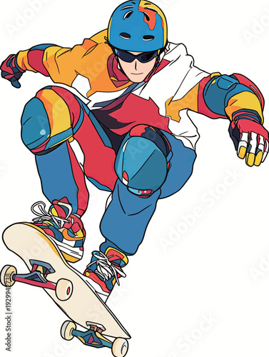 A skateboarder jumps high while wearing a bright outfit in a skatepark. It is a sunny day and others are watching.