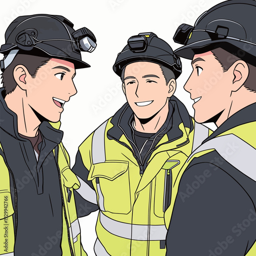 Three construction workers stand together at a job site discussing their tasks. They wear hard hats and high-visibility jackets.