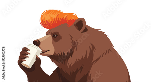 A brown bear with an orange pompadour hairstyle and a brown shirt drinks from a white paper cup.