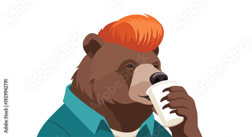 A brown bear with an orange pompadour hairstyle and a teal shirt sips from a white paper cup.